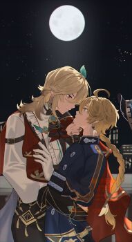 Rule 34 | 2boys, aether (genshin impact), ahoge, artist name, black bow, black bowtie, black gloves, black hat, black pants, black sky, blonde hair, blue jacket, blurry, blurry background, bow, bowtie, braid, brooch, building, buttons, cape, chain, city, closed mouth, commentary request, cowboy shot, dashi oeuf, earrings, feather hair ornament, feathers, fingernails, frills, from side, full moon, genshin impact, gloves, gold chain, gold earrings, gold ring, gold trim, hair between eyes, hair ornament, hair ribbon, hair tubes, hand on another's chin, hat, highres, hug, jacket, jewelry, kaveh (genshin impact), kaveh (kfc) (genshin impact), long hair, long sleeves, looking at another, low-braided long hair, low-tied long hair, male focus, medium hair, moon, moonlight, multiple boys, multiple rings, night, official alternate costume, outdoors, pants, puffy long sleeves, puffy sleeves, red cape, red eyes, ribbon, ring, single braid, single sidelock, sky, smile, standing, star (sky), starry sky, tassel, teeth, unworn hat, unworn headwear, watermark, white gloves, white ribbon, yaoi, yellow eyes