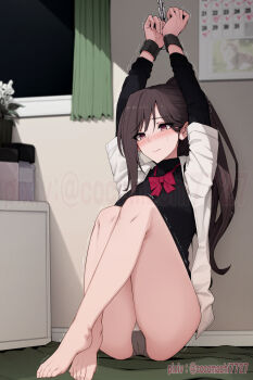 1girl arms_up bare_legs barefoot black_shirt blush bound bound_wrists bow bowtie calendar_(object) chain closed_mouth commentary_request cuffs curtains high_ponytail highres indoors knees_up kokomachi large_variant_set layered_sleeves long_hair long_sleeves loose_bowtie motion_lines night no_pants nose_blush on_floor open_clothes open_shirt original parted_bangs pink_eyes pixiv_username ponytail red_bow red_bowtie shackles shirt short_over_long_sleeves short_sleeves sitting small_sweatdrop solo trembling two-tone_panties undershirt variant_set watermark white_shirt window