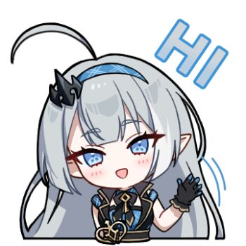 1girl :d ahoge black_gloves blue_dress blue_eyes blue_hairband commentary dress english_commentary extra_pupils female_tyrant_(stella_sora) gloves grey_hair hairband looking_at_viewer lowres official_art open_mouth pointy_ears simple_background sleeveless sleeveless_dress smile solo stella_sora transparent_background tyrant_(stella_sora) waving