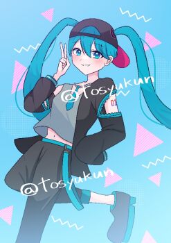 Rule 34 | 1girl, abstract background, alternate costume, aqua belt, aqua eyes, aqua hair, aqua necktie, arm tattoo, backwards hat, baseball cap, belt, black hair, black jacket, black pants, black shoes, blush, commentary request, hand on own hip, hat, hatsune miku, jacket, jewelry, long hair, navel, necklace, necktie, number tattoo, open clothes, open jacket, pants, shoes, single sleeve past fingers, smile, solo, standing, standing on one leg, tattoo, teeth, tosyukun, triangle, twintails, twitter username, v, vocaloid