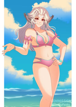 Rule 34 | 2025, absurdres, animal ear fluff, animal ears, arm up, artist name, bangs pinned back, bikini, blue sky, bracelet, breasts, cleavage, clothing cutout, cloud, cloudy sky, collarbone, commission, contrapposto, deebyfeeby, earrings, facial mark, feet out of frame, forehead mark, hand on own hip, highres, jewelry, lips, long hair, looking at viewer, medium breasts, monolith soft, navel, neilnail (xenoblade), nintendo, ocean, official alternate costume, open hand, outdoors, pink bikini, red eyes, ribbon, sky, smile, swimsuit, thigh cutout, xenoblade chronicles (series), xenoblade chronicles x