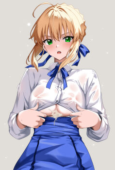 Rule 34 | 1girl, absurdres, ahoge, artoria pendragon (fate), blonde hair, blue skirt, blush, breasts, cum, cum on body, cum on breasts, cum on upper body, fate/grand order, fate (series), green eyes, grey background, highres, implied after paizuri, indy k, large breasts, no bra, open mouth, partially unbuttoned, saber (fate), shirt, skirt, solo, white shirt