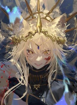 animal_ears arknights black_cape bleeding blood cape crown drive_shot head_chain heraldry highres jewelry lion_ears lion_girl siege_(arknights) slit_pupils smile vina_victoria_(arknights)