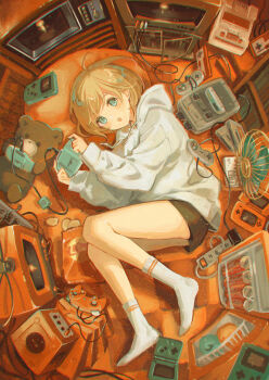 1girl absurdly_detailed_composition bag_of_chips black_shorts blonde_hair blue_eyes cable chips_(food) commentary_request controller crt electric_fan electric_plug electrical_outlet food from_above full_body game_boy game_boy_advance game_boy_advance_(original) game_boy_advance_sp game_console game_controller gamecube handheld_game_console highres holding holding_controller holding_game_controller hood hood_down hoodie indoors loaded_interior long_sleeves looking_at_viewer lying marutani nintendo_64 no_shoes on_side original playing_games potato_chips power_strip short_hair short_shorts shorts socks solo stuffed_animal stuffed_toy teddy_bear white_hoodie white_socks