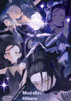 1girl absurdres black_dress black_gloves black_hair character_name commentary_request copyright_name dress elbow_gloves figure_skating figure_skating_dress gloves highres hyeon_0613 ice_skates kamisaki_hikaru korean_commentary medalist_(manga) outstretched_arms ponytail see-through_clothes see-through_dress short_dress skates solo twitter_username yellow_eyes