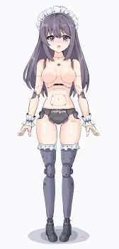 1girl absurdres android black_eyes black_hair breasts commentary_request doll_joints full_body highres joints long_hair looking_at_viewer maid maid_headdress mechabare mechanical_arms mechanical_legs nude original panties rasen_manga robot_girl standing thighhighs underwear