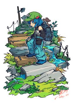 1girl absurdres backpack bag black_gloves blue_eyes blue_hair blue_pants closed_mouth commentary_request doggo_1d34 elbow_gloves full_body gloves green_hat grey_gloves hair_bobbles hair_ornament hat highres kawashiro_nitori light_bulb looking_at_viewer medium_hair outdoors pants plant signature smile solo touhou twitter_username water