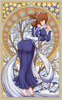 1girl apron ass barefoot blue_dress blush breasts brown_hair butt_crack dress feet folded_ponytail frilled_apron frills from_behind hayate_no_gotoku! highres huge_ass jewelry juliet_sleeves large_breasts long_dress long_hair long_sleeves looking_at_viewer looking_back maid maid_headdress maria_(hayate_no_gotoku!) ponponmaru puffy_sleeves red_eyes sideboob skirt smile solo standing toes white_apron