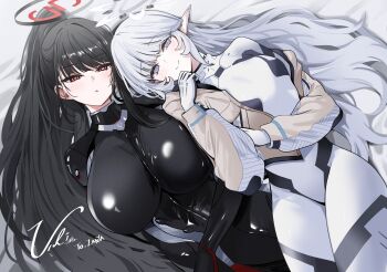 2girls absurdres black_bodysuit black_hair blue_archive blush bodysuit breasts bright_pupils closed_mouth commentary gloves halo highres himari_(blue_archive) himari_(bodysuit)_(blue_archive) large_breasts long_hair looking_at_viewer lying multiple_girls official_alternate_costume on_back parted_lips pointy_ears ponytail red_eyes rio_(blue_archive) rio_(bodysuit)_(blue_archive) smile symbol-only_commentary white_gloves white_hair white_pupils yuki_(asayuki101)