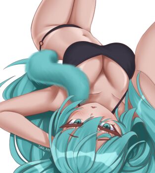 Rule 34 | 1girl, absurdres, aqua eyes, aqua hair, arms behind head, bikini, breasts, cat tail, cleavage, hair between eyes, hatsune miku, highres, lips, long hair, selfie, sketch, swimsuit, tail, takie arts, tan, tanline, thighs, very long hair, vocaloid, white background