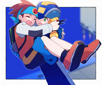 2boys backpack bag blue_bodysuit blue_headband blue_helmet bodysuit border brothers brown_hair carrying carrying_person green_eyes headband helmet highres hug lan_hikari_(mega_man) male_focus mega_man_(series) mega_man_battle_network_(series) mega_man_battle_network_6 megaman.exe mizuirov multiple_boys netnavi open_mouth orange_vest outdoors princess_carry scene_reference shirt short_hair shorts siblings smile spiked_hair twins twitter_username vest white_border white_shirt