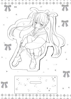 Rule 34 | 1girl, absurdres, asymmetrical legwear, blush, closed mouth, commentary request, convenient leg, ear piercing, full body, greyscale, highres, kanae (tsukiman), long hair, long sleeves, looking at viewer, monochrome, original, outline, piercing, pleated skirt, puffy long sleeves, puffy sleeves, sailor collar, school uniform, serafuku, shirt, shoes, sitting, skirt, sleeves past wrists, socks, solo, tsukiman, twintails, very long hair, white background, white outline
