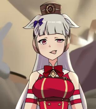 1girl animal_ears animated armband artist_name blunt_bangs bow bowtie brown_hat dress ear_bow ear_covers gold_ship_(red_strife)_(umamusume) gold_ship_(umamusume) half-closed_eye hat horse_ears horse_girl horse_tail indoors long_hair looking_at_viewer looping_animation meme pee peeing peeing_on_viewer photo-referenced pillbox_hat purple_eyes red_armband red_bow red_bowtie red_dress rigby_the_cat_(meme) sleeveless sleeveless_dress suggestive_fluid tagme tail the_freakin_yui tongue tongue_out umamusume upper_body video
