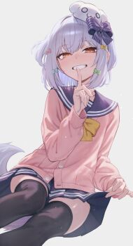 Rule 34 | 1girl, absurdres, black thighhighs, blue bow, blue sailor collar, blue skirt, blush, bow, bowtie, cardigan, chorogon, clothes lift, commentary request, commission, dog hair ornament, dog tail, double horizontal stripe, finger to mouth, gradient eyes, hair bow, hair ornament, highres, index finger raised, inuyama tamaki, inuyama tamaki (1st costume), lifting own clothes, long sleeves, looking at viewer, multicolored eyes, noripro, orange eyes, pink cardigan, pinstripe bow, pleated skirt, sailor collar, school uniform, short hair, shushing, skeb commission, skirt, skirt lift, smile, solo, striped bow, tail, thighhighs, virtual youtuber, yellow bow, yellow bowtie