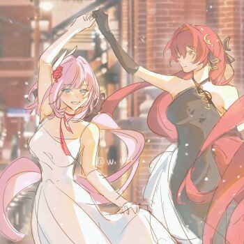 absurdres bare_shoulders black_dress black_gloves blue_eyes breasts brown_hair chinese_commentary commentary_request dancing dress eden_(honkai_impact) elbow_gloves elysia_(honkai_impact) flower gloves hair_flower hair_ornament highres honkai_(series) honkai_impact_3rd large_breasts long_hair pink_hair smile very_long_hair white_dress white_gloves william_(lofter_895662039091) yellow_eyes