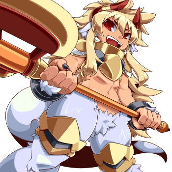Rule 34 | 1girl, animal ears, animal feet, animal legs, armor, axe, bangle, black armor, black nails, blonde hair, bracelet, commentary request, dark-skinned female, dark skin, fangs, faun, from below, gigi grimheart, gold armor, grey tail, hair between eyes, highres, holding, holding axe, horns, jewelry, knee pads, long hair, midriff, monster girl, multicolored armor, nail polish, navel, omiya (louise-louis-lucille), open mouth, red eyes, red horns, shinrabanshou, solo, tail, teeth, white background