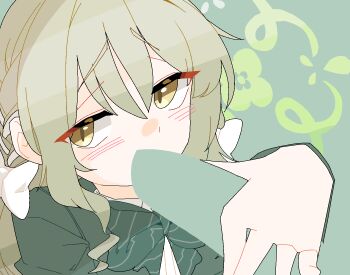 1girl animated animated_gif blue_archive blush bow bowtie closed_mouth dthmns green_background green_bow green_bowtie green_hair green_halo halo implied_handjob long_hair looking_at_viewer miyo_(blue_archive) simple_background yellow_eyes