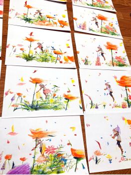 ankle_boots aoume_mimei black_thighhighs boots brown_boots colored_pencil_(medium) falling_petals floating floating_hair flower frieren from_side grass highres holding holding_staff long_hair mage_staff miniskirt official_art orange_petals petals photo_(medium) purple_petals simple_background skirt sousou_no_frieren staff thighhighs traditional_media twintails white_background white_hair