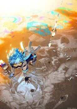 1boy android black_gloves blue_hair child commentary_request covered_mouth crayon crayon_drawing fiery_hair fingerless_gloves from_above full_body gloves headphones highres joints kneeling looking_at_viewer looking_up male_focus mask mau_sakura mouth_mask ortho_shroud painting_(object) respirator robot robot_joints short_hair solo twisted_wonderland water_drop yellow_eyes