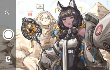 1girl animal_ears arknights artist_name black_hair cat_ears cat_girl caution_tape commentary_request dark-skinned_female dark_skin fake_phone_screenshot fake_screenshot flag highres holding holding_staff jacket keep_out looking_at_viewer metal_hair_tubes open_clothes open_jacket oversized_jacket pyramid_(structure) sleeves_past_fingers sleeves_past_wrists solo sphinx staff taking_picture the_questioning_statue_(arknights) titi_(arknights) viewfinder yellow_eyes ymx