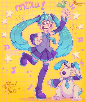 1girl boots dog hatsune_miku highres musical_note necktie shirt skirt solo spring_onion twintails vocaloid wallace_&amp;_gromit