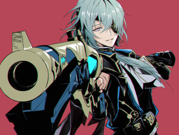 Rule 34 | 1boy, aiming, aiming at viewer, anaxa (honkai: star rail), aqua hair, black jacket, blue eyes, chain, commentary request, earrings, eyepatch, gem, gun, hair between eyes, hair intakes, highres, holding, holding gun, holding weapon, honkai: star rail, honkai (series), jacket, jewelry, lapels, looking at viewer, male focus, mandarin collar, medium hair, notched lapels, one eye covered, pink pupils, red background, red gemstone, ronigs, shirt, side ponytail, simple background, single earring, smirk, solo, teeth, upper body, weapon, white shirt