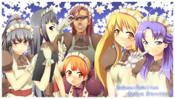 6+girls ahoge apron asymmetrical_bangs black_eyes blonde_hair blossom_(ragnarok_online) blue_background blunt_bangs border breasts brown_dress cigarette clipboard collared_dress commentary_request copyright_name curly_sue dokuo dress gloves grey_hair grin high_ponytail highres holding holding_clipboard holding_pen jasmine_(ragnarok_online) kafra_uniform leilah_(ragnarok_online) long_hair looking_at_viewer maid maid_headdress medium_breasts multiple_girls orange_eyes orange_hair pavianne_(ragnarok_online) pen ponytail puffy_short_sleeves puffy_sleeves purple_eyes purple_hair ragnarok_online red_sash roxie_(ragnarok_online) sash short_hair short_sleeves smile star_(symbol) sunglasses upper_body white_apron white_border white_gloves yellow_eyes