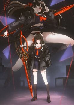 1girl argent_moon black_collar black_hair black_jacket black_panties black_serafuku black_shirt black_shoes black_skirt black_socks bow bow_panties chisa_(wuthering_waves) closed_mouth collar hand_in_pocket holding holding_weapon jacket long_hair looking_at_viewer multiple_views neckerchief one_eye_closed panties parted_lips red_eyes red_neckerchief sailor_collar school_uniform serafuku shirt shoes skirt socks standing thigh_strap underwear weapon white_sailor_collar wuthering_waves