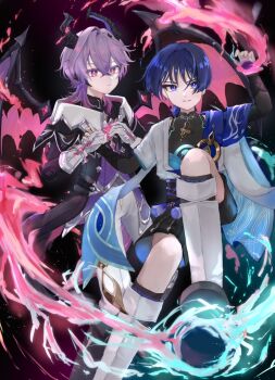 2boys black_coat black_jacket black_shorts black_sleeves blunt_ends closed_mouth coat dragon_horns fingerless_gloves genshin_impact gloves grey_pants highres horns jacket japanese_clothes long_hair long_sleeves male_focus mini_durin_(genshin_impact) mini_durin_(human)_(genshin_impact) multicolored_shirt multiple_boys pants pink_eyes purple_hair scaramouche_(genshin_impact) shirt shorts uyuni1374 wanderer_(genshin_impact) white_gloves