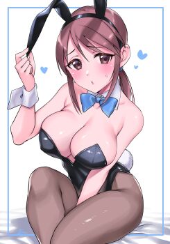 1girl animal_ear_hairband animal_ears bare_shoulders black_leotard blue_bow blue_bowtie blush bow bowtie breasts brown_eyes brown_hair cleavage collarbone detached_collar fake_animal_ears fake_tail hairband highres idolmaster idolmaster_cinderella_girls large_breasts larmen_sennin leotard long_hair looking_at_viewer mifune_miyu pantyhose parted_lips playboy_bunny ponytail rabbit_ear_hairband rabbit_ears rabbit_tail sitting solo tail thighs wrist_cuffs