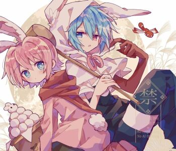 +_+ 2boys animal_ears animal_hood black_shirt black_shorts blue_eyes blue_hair blush capelet closed_mouth commentary futaba969649 gloves hair_between_eyes heterochromia hood hood_up hooded_capelet jacket kine looking_at_viewer male_focus mallet multiple_boys ocean_prince open_mouth pink_hair pink_jacket puyopuyo puyopuyo_fever rabbit_ears rabbit_hood rabbit_tail red_eyes red_gloves red_shoes salde_canarl_shellbrick_iii shirt shoes short_hair shorts sig_(puyopuyo) single_glove symbol-only_commentary tail watermark white_capelet