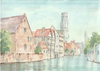 Rule 34 | belgium, building, canal, cityscape, commentary request, day, no humans, original, outdoors, painting (medium), paruperu, real world location, scenery, simple bird, sky, tower, traditional media, tree, water, watercolor (medium)