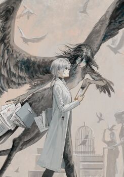 Rule 34 | 4girls, absurdres, animal, animal feet, bird, bird legs, bird tail, bird wings, birdcage, black hair, blue eyes, cage, clipboard, coat, commentary request, eyewear on head, feathered wings, fingernails, grey feathers, grey hair, grey wings, harpy, highres, holding, holding clipboard, holding paper, korean commentary, lab coat, long hair, looking at another, low ponytail, monster girl, multiple girls, original, outdoors, paper, ponytail, purple eyes, sharp fingernails, tail, trainp7il, walking, white coat, wings