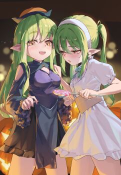 2girls absurdres beret blue_archive blurry blurry_background blush breasts candy cleavage_cutout clothing_cutout commentary_request dress food frilled_sleeves frills green_hair hairband halloween halloween_bucket hat highres hikari_(blue_archive) holding holding_candy holding_food holding_lollipop jiangshi_costume lollipop long_hair long_sleeves looking_at_viewer multiple_girls no_halo nozomi_(blue_archive) open_mouth orange_hat parted_lips pointy_ears short_sleeves shoulder_cutout siblings sidelocks sisters small_breasts standing toake_(user_affe3424) twins twintails white_dress white_hairband