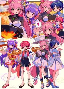 ! 4girls :d apron black_shoes black_shorts blue_hair blue_shoes blush boots bowl brown_boots brown_eyes character_request closed_mouth commentary_request cooking crossover double_bun dress food full_body hair_bun highres holding holding_tray houchi_shoujo kamaboko long_hair long_sleeves looking_at_viewer multiple_girls narutomaki no_socks open-toe_boots open_clothes open_mouth open_vest pink_dress pink_hair pink_shoes purple_hair ranma-chan ranma_1/2 red_eyes red_vest sanamaru_(sana79261827) see-through_clothes see-through_sleeves shampoo_(ranma_1/2) shirt shoes short_hair shorts smile spoken_exclamation_mark standing steamed_bun tray vest white_apron white_shirt