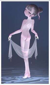 1girl absurdres ass back black_eyes black_hair captaintcher completely_nude full_body hair_bun highres huge_filesize loli looking_at_viewer looking_back nude original smile solo standing wet