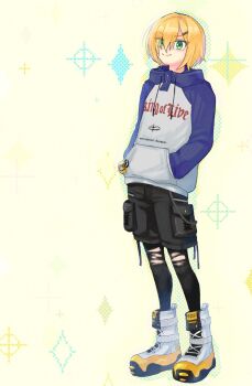 1boy black_leggings black_shorts blonde_hair blue_hood blue_sleeves boots closed_mouth clothes_writing drawstring full_body green_eyes hair_intakes hair_ornament hair_over_one_eye hairclip hand_in_pocket highres hood hood_down hoodie lace-up_boots leggings long_sleeves looking_ahead male_focus nijisanji no_headwear no_jacket print_hoodie raglan_sleeves shoelaces short_hair shorts solo standing tiya_82 torn_clothes torn_leggings uzuki_kou uzuki_kou_(5th_costume) virtual_youtuber wallet_chain white_boots white_hoodie wolf_cut yellow_background zipper