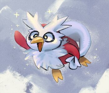 animal_focus arm_up black_eyes bright_pupils delibird full_body gen_2_pokemon holding holding_sack kumedaira nintendo no_humans open_mouth outdoors pokemon pokemon_(creature) sack solo sparkle white_pupils