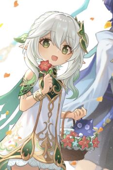 1boy 1girl 8bm9r armlet asymmetrical_sidelocks basket belt black_belt black_shorts bloomers blue_cape blue_flower blue_sleeves blunt_ends bracelet braid bright_pupils cape cat clenched_hand commentary_request cross-shaped_pupils detached_sleeves dress eyelashes falling_petals fingernails flower furisode genshin_impact gold_armlet gold_bracelet gold_trim green_cape green_eyes green_hair green_sleeves hair_between_eyes hair_ornament half_crown_braid hands_up holding holding_basket holding_flower japanese_clothes jewelry kimono layered_sleeves leaf leaf_hair_ornament long_hair looking_at_viewer multicolored_hair nahida_(genshin_impact) open_mouth orange_petals petals pointy_ears purple_cape purple_cat purple_hair purple_sash red_flower sash scaramouche_(cat)_(genshin_impact) scaramouche_(genshin_impact) short_dress short_sleeves shorts side_ponytail sidelocks streaked_hair symbol-shaped_pupils tareme two-sided_cape two-sided_fabric underwear wanderer_(genshin_impact) white_background white_bloomers white_dress white_hair white_kimono white_pupils white_sleeves yellow_petals