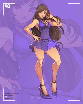 1girl bare_arms bare_shoulders blue_negligee breasts brown_hair character_name choker cleavage commentary copyright_name covered_navel crescent crescent_earrings dress earrings edwin_huang english_commentary final_fantasy final_fantasy_vii final_fantasy_vii_remake full_body hand_in_pocket hand_on_own_hip high_heels jewelry lingerie looking_at_viewer medium_breasts negligee official_alternate_costume parted_lips purple_background purple_dress purple_shoes red_eyes ribbon_choker shoes short_dress solo tifa_lockhart tifa_lockhart_(refined_dress) underwear