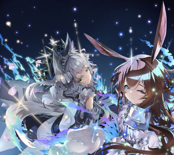 2girls absurdres amiya_(arknights) amiya_(guard)_(arknights) amiya_(guard)_(in_a_myriad_of_universes)_(arknights) animal_ears arknights blue_eyes brown_hair cat_ears cat_girl commentary_request dress green_eyes grey_hair heiquan highres long_hair looking_at_viewer multiple_girls one_eye_closed rabbit_ears rabbit_girl rosmontis_(an_airy_dream)_(arknights) rosmontis_(arknights) smile white_dress