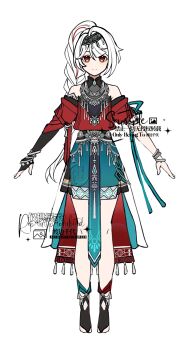 1girl absurdres artist_self-insert asymmetrical_clothes asymmetrical_gloves asymmetrical_sleeves bare_shoulders black_footwear black_gloves bracelet braid braided_ponytail chinese_text closed_mouth commentary_request dress elbow_gloves english_text fingerless_gloves full_body gloves grey_hairband hairband highres jewelry long_hair looking_at_viewer miao_clothes mixed-language_text mole mole_under_eye multicolored_hair original ponytail red_eyes short_sleeves silver_bracelet single_braid single_fingerless_glove single_glove skirt solo standing streaked_hair translation_request watermark white_background white_hair