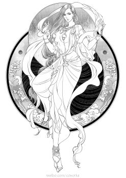 1girl anklet barefoot barefoot_sandals_(jewelry) bindi breasts cloak female_focus greyscale hagoromo highres indian jewelry jojo_no_kimyou_na_bouken large_breasts lineart lisa_lisa monochrome scarf seyo shawl solo toe_ring watermark web_address