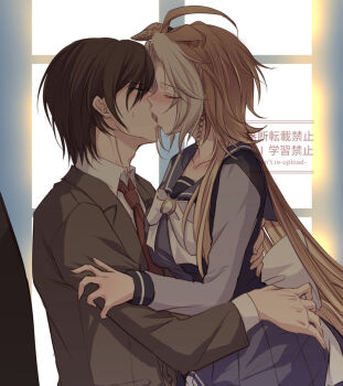 1boy 1girl animal_ears blush bow brown_hair brown_jacket closed_eyes collared_shirt commentary_request french_kiss hand_on_another's_waist holding_another's_arm horse_ears horse_girl horse_tail hug jacket kiss long_hair long_sleeves multicolored_hair necktie open_mouth orange_hair orfevre_(umamusume) purple_sailor_collar purple_shirt purple_skirt red_necktie sailor_collar school_uniform shirt short_hair sitting sitting_on_lap sitting_on_person skirt sweatdrop tail tracen_school_uniform trainer_(umamusume) two-tone_hair umamusume white_bow white_hair white_shirt yue_(lov_n_n)