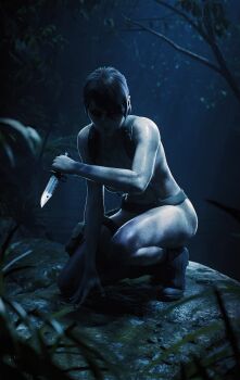 1girl 3d absurdres bayonet blurry breasts closed_mouth combat_knife commentary depth_of_field english_commentary fugtrup highres holding holding_knife knife light_rays looking_at_viewer metal_gear_(series) moonbeam moonlight navel night on_one_knee outdoors pouch protected_link quiet_(metal_gear) solo thigh_pouch thigh_strap tree weapon