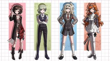 4girls absurdres ascot black_boots black_coat black_hair black_pants black_shoes black_vest blue_eyes blue_hairband boots braid braided_sidelock breasts checkered_hairband closed_mouth coat collared_dress collared_shirt crossed_arms dress drop_shadow feather_dress feather_hair_ornament feathers freckles full_body glass_pen gloves green_eyes grey_cloak grey_eyes grey_hair grey_shoes grey_shorts grey_sleeves grey_sweater grid_background haihaiera hair_bun hair_ornament hairband hand_on_own_hip hand_up high_collar highres holding holding_pen kneehighs legs_apart loafers long_hair looking_at_viewer matilda_bouanich medium_hair multiple_girls necktie one_side_up open_clothes open_coat orange_hair overall_shorts overalls pants pants_under_dress parted_lips pen red_dress red_eyes red_feathers red_necktie reverse:1999 schneider_(reverse:1999) shirt shoes short_dress short_hair shorts single_side_bun small_breasts smile socks sonetto_(reverse:1999) standing sweater two_side_up vertin_(reverse:1999) vest waistcoat white_ascot white_dress white_gloves white_hairband white_pants white_shirt white_socks