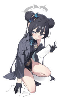 1girl absurdres black_dress black_gloves black_hair blue_archive blush breasts butterfly_hair_ornament china_dress chinese_clothes commentary_request double_bun dress gloves grey_eyes grey_halo grey_jacket groin hair_bun hair_ornament halo highres holding holding_paper jacket kaminari_(edeath) kisaki_(blue_archive) long_hair looking_to_the_side open_clothes open_jacket paper parted_lips pelvic_curtain small_breasts solo squatting thighs twintails