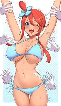 Rule 34 | 1girl, armpits, arms up, bikini, blue background, blue bikini, blue eyes, blush, breasts, commentary request, disembodied hand, highres, large breasts, laughing, long sidelocks, nintendo, pokemon, pokemon bw, polka dot, polka dot background, red hair, short hair with long locks, sidelocks, skyla (pokemon), solo focus, surippa1010, swimsuit, tears, teeth, tickling, twitter username, upper teeth only