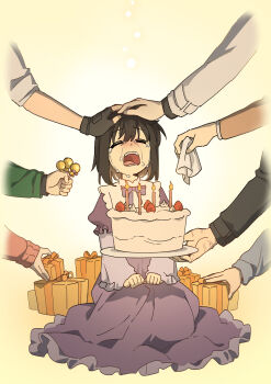 1girl 6+others absurdres aged_down black_gloves black_hair bob_cut cake candle candy child closed_eyes criteria fingerless_gloves flustered food furrowed_brow gift gloves han_sooyoung headpat highres holding holding_cake holding_candy holding_food holding_lollipop holding_rag jung_heewon kim_dokja lee_gilyoung lee_hyunsung lee_jihye lollipop long_sleeves multiple_others multiple_scars omniscient_reader&#039;s_viewpoint out_of_frame scar scar_on_hand shin_yoosung short_hair sitting sleeves_rolled_up strawberry_cake tears yoo_joonghyuk