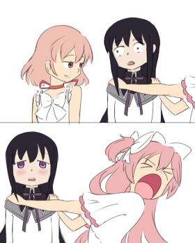 >_< 2girls akemi_homura akemi_homura_(magical_girl) bare_shoulders black_collar black_hair blush bow bowtie choker collar commentary dress english_commentary facing_another hair_bow hand_on_another's_shoulder high_collar ironcarbon_wolf kaname_madoka long_hair looking_at_another looking_at_viewer mahou_shoujo_madoka_magica medium_hair mimic multiple_girls open_mouth pink_choker pink_hair purple_eyes short_sleeves simple_background sleeveless turning_head ultimate_madoka upper_body white_background white_bow white_bowtie white_dress wide-eyed